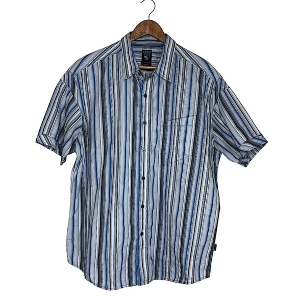 KUHL Suncel Cotton‎ Blend Short Sleeve White Blue Striped Button Up Shirt XL